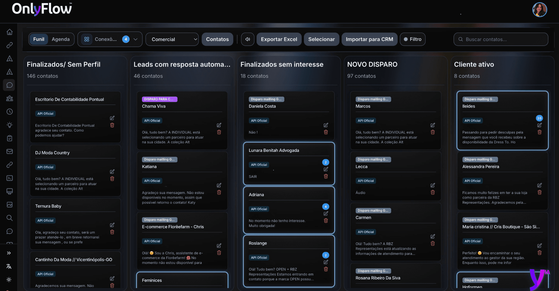 CRM Kanban da OnlyFlow com conversas do WhatsApp API Oficial organizadas por etapa do funil